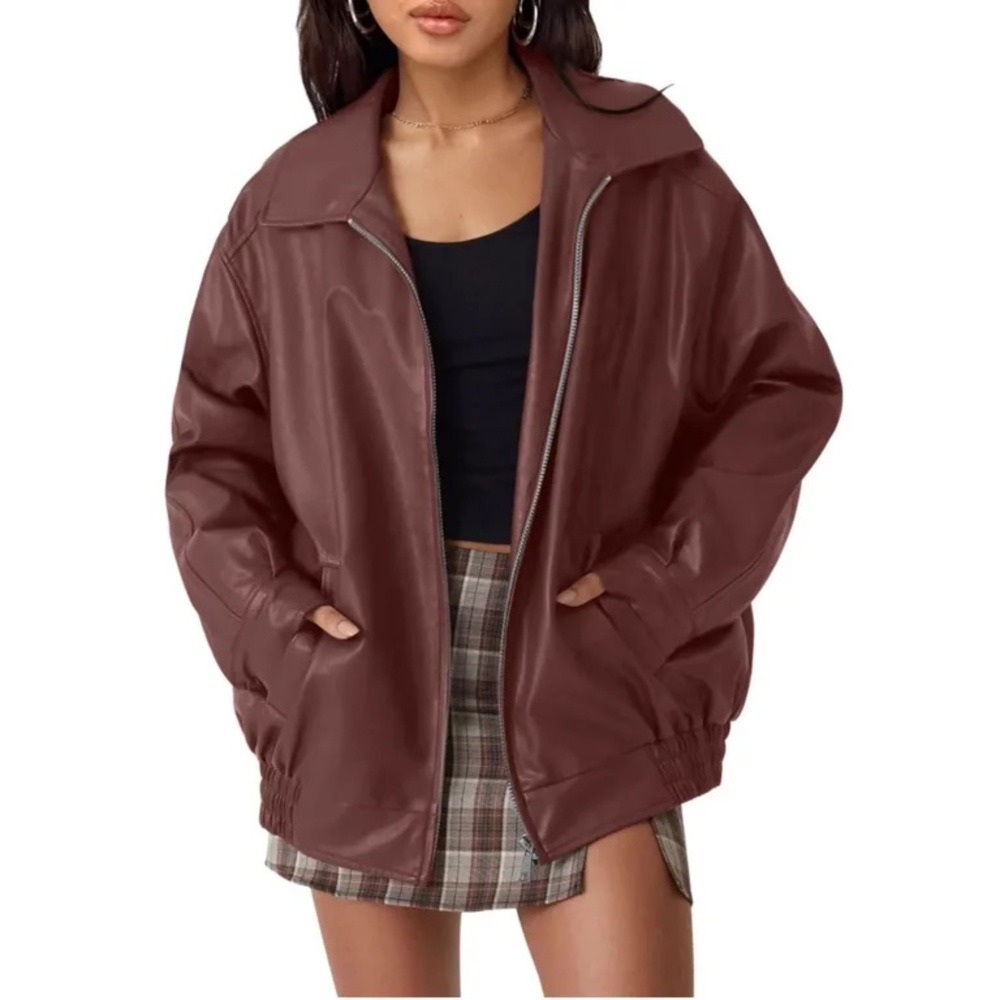 Women's Oversized Brown Leather Jackets Faux Suede Fall